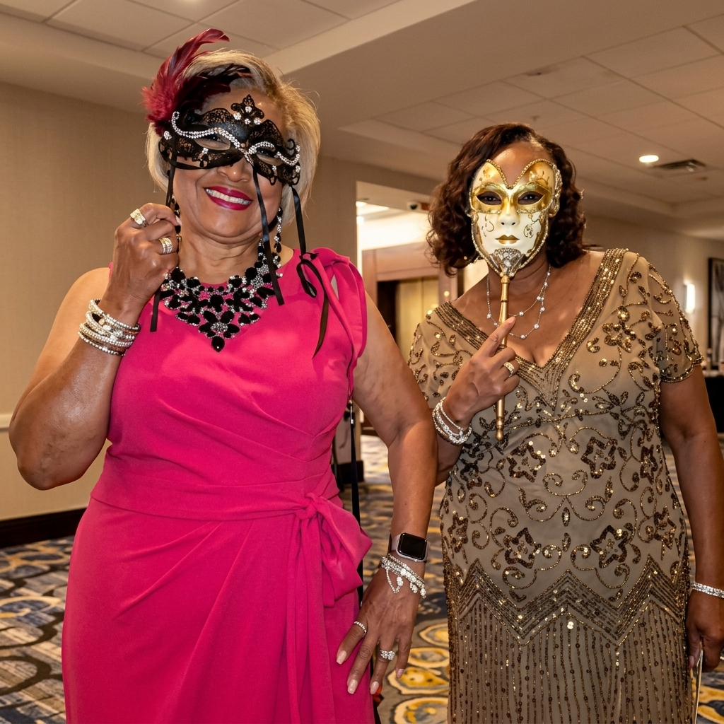 TPCCON attendees in elegant masquerade masks