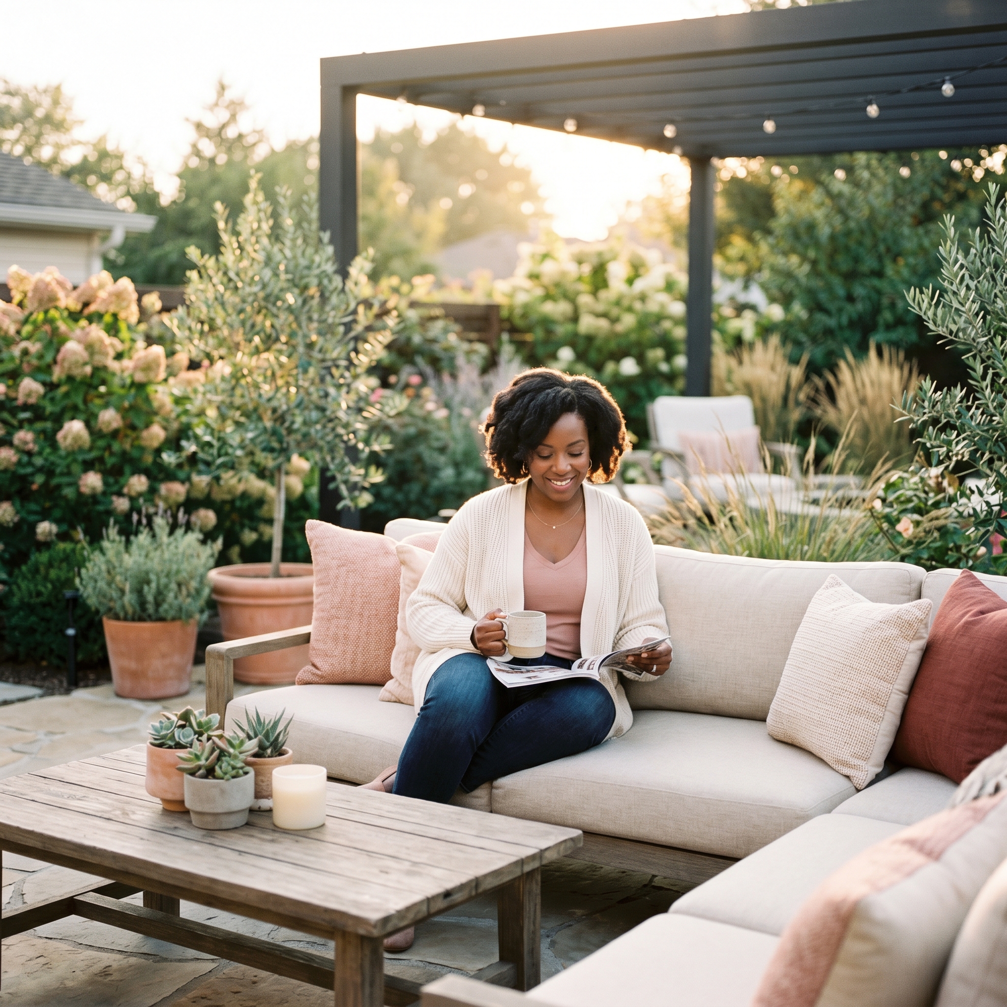 Representative imagery of women browsing the directory together in an outdoor living space