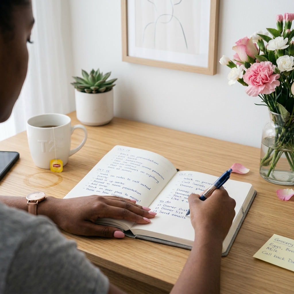 A Black woman writing her personal testimony in a warm, refined setting