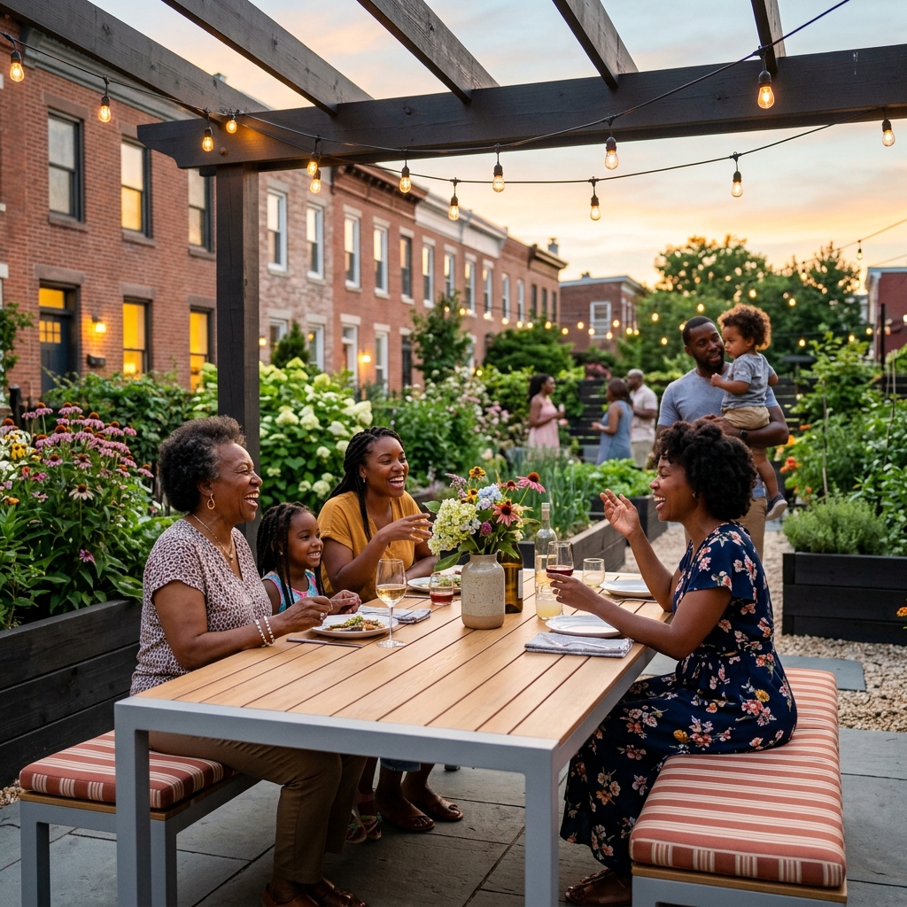 Black women resting together in a warm outdoor sanctuary garden at golden hour