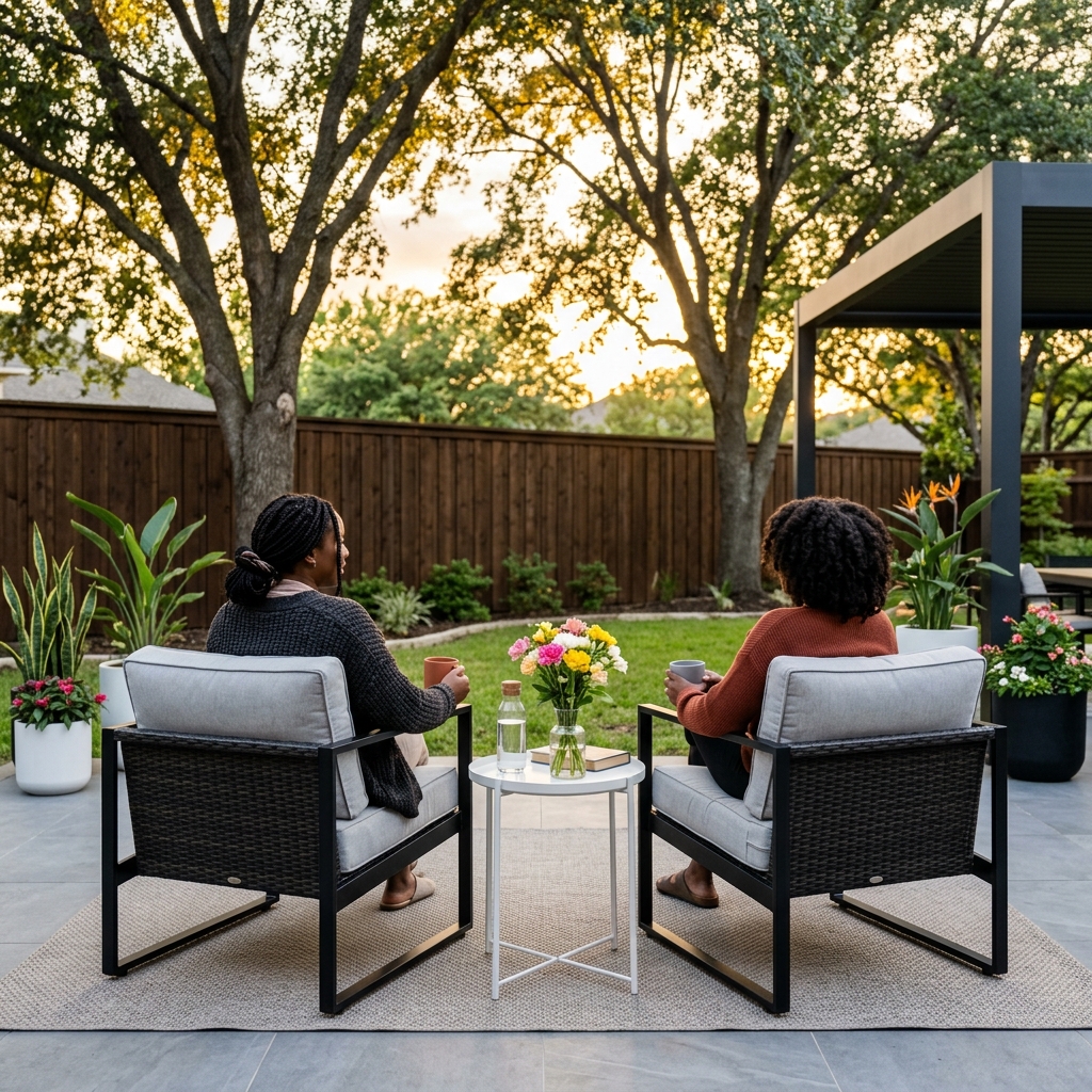 A beautifully restored outdoor sanctuary at golden hour, surrounded by greenery and soft natural light