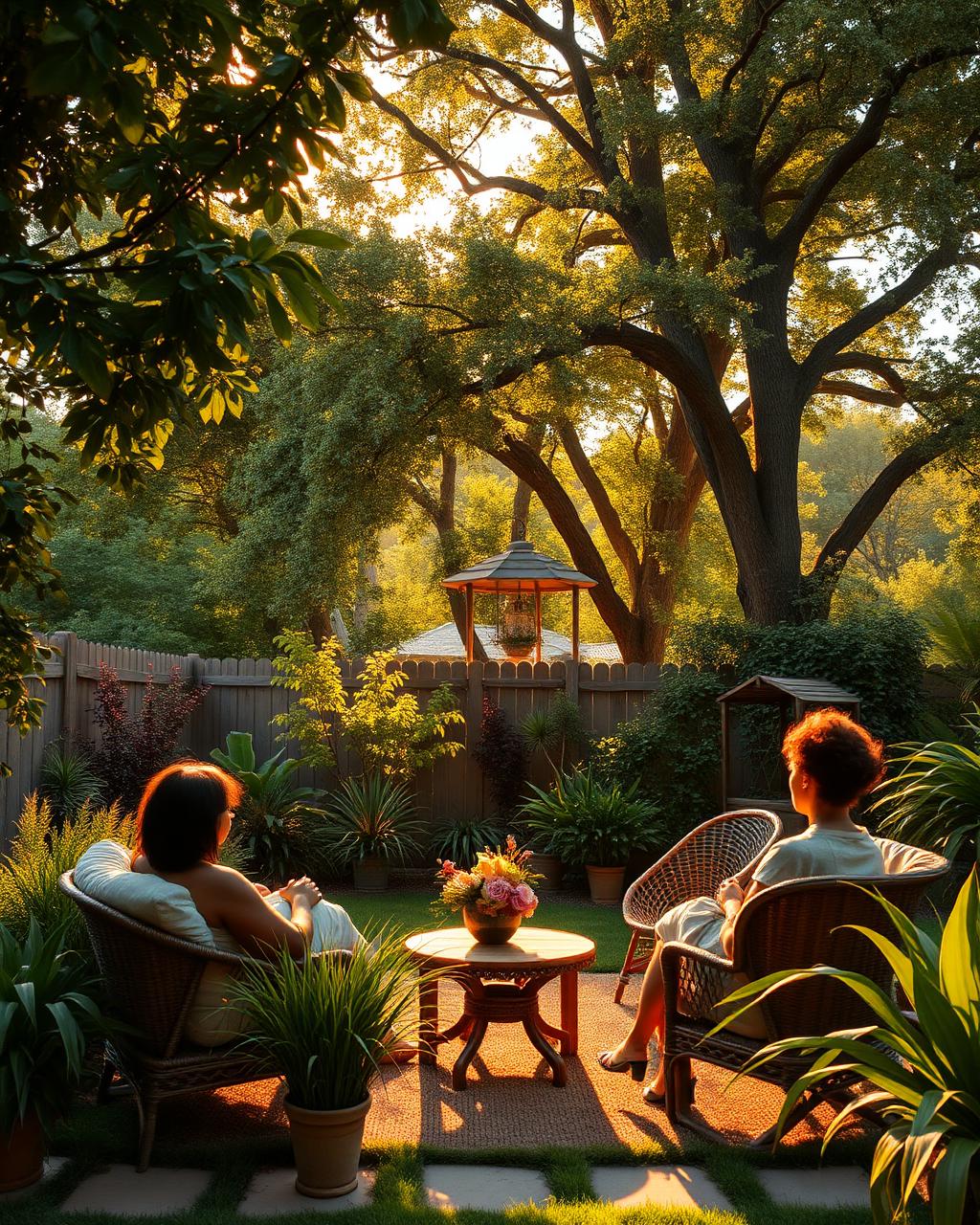 A beautifully restored outdoor sanctuary at golden hour, surrounded by greenery and soft natural light