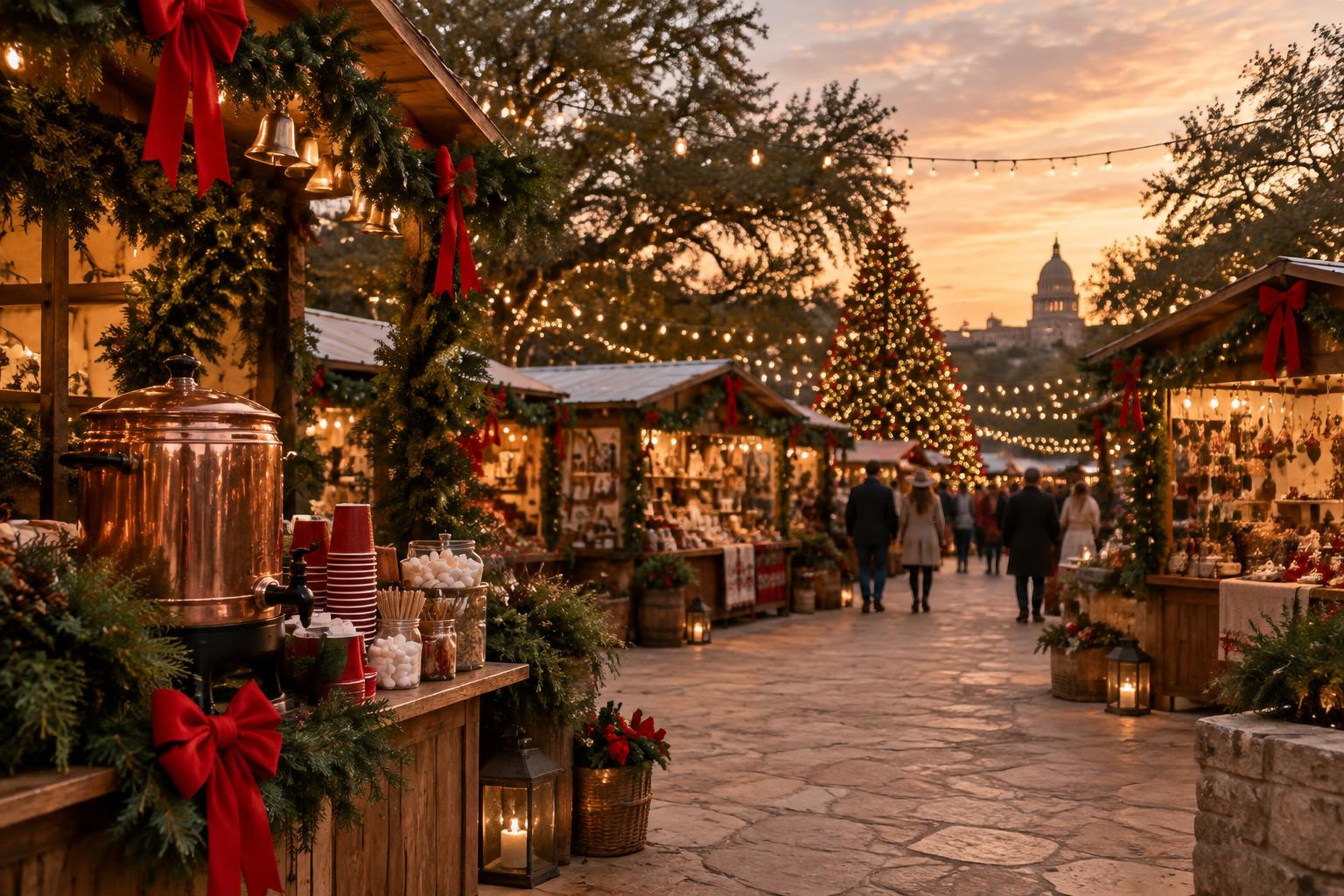 Open-air holiday market at La Terre' Patieaux with golden lights, garlands, and red ribbons