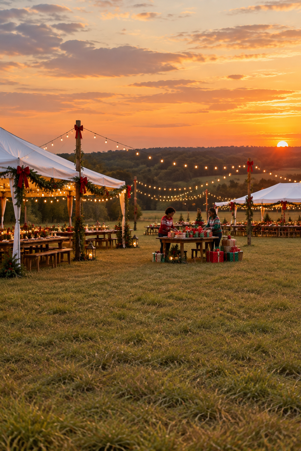 An open field at La Terre' Patieaux dressed for the holidays, with tents, golden lights, and wrapped gifts under a sunset sky