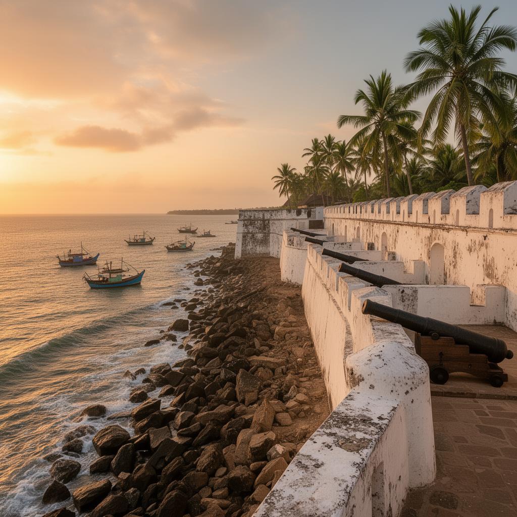 Representative image: Cape Coast Castle overlooking the Atlantic Ocean at golden hour with palm trees along the rocky Ghanaian coastline