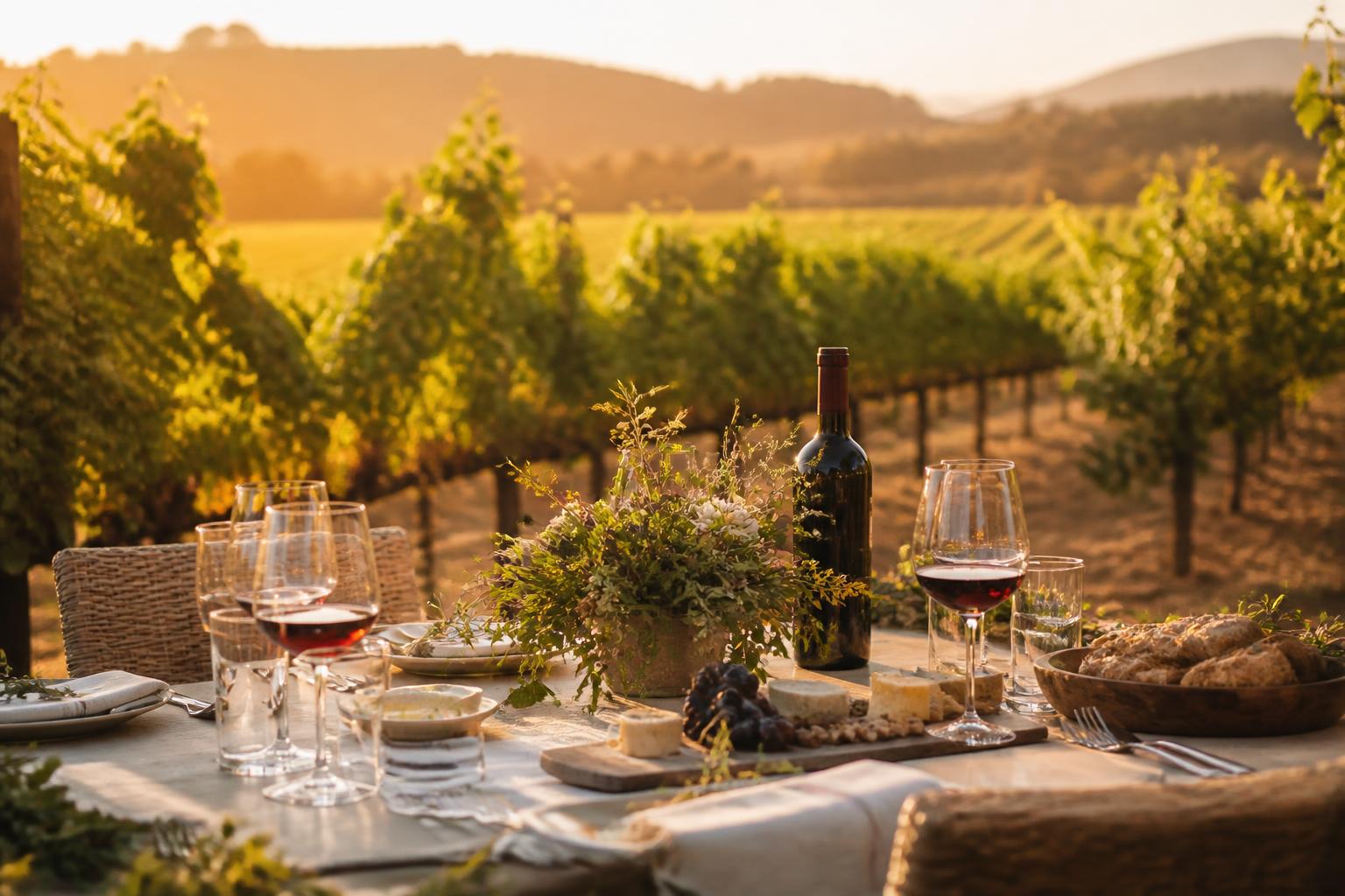 Sunlit Napa Valley vineyard at golden hour with an elegant outdoor wine lunch among the vines